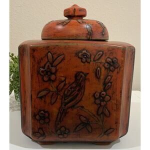 Vtg Ceramic Aged Burnt Orange Olive Green Black Bird Floral Square Vase W Lid
